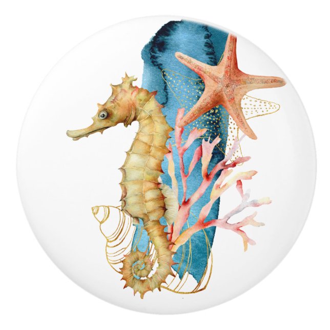 Beach Theme Seahorse Watercolor Art Ceramic Knob (Front)