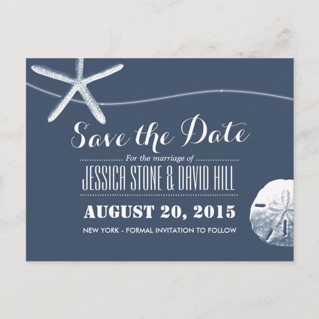 Beach Theme Starfish & Sand Dollar Save the Date Announcement Postcard (Front)