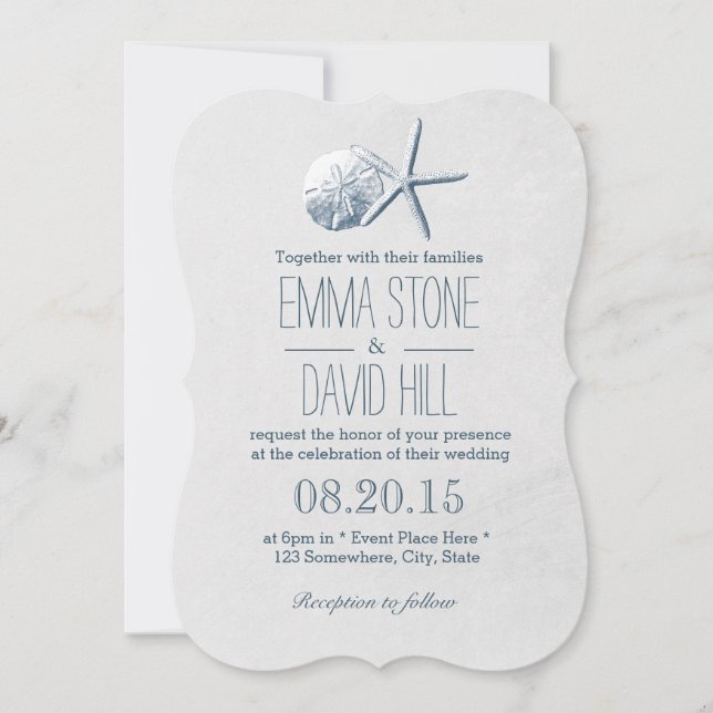 Beach Theme Starfish & Sand Dollar Wedding Invitation (Front)