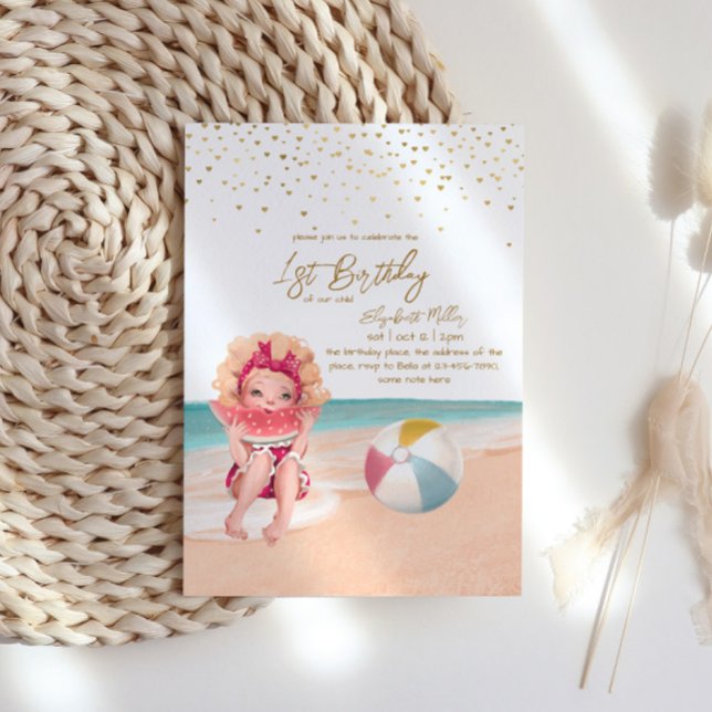 Beach Theme Summer Party Baby Girl 1st Birthday Invitation (Creator Uploaded)