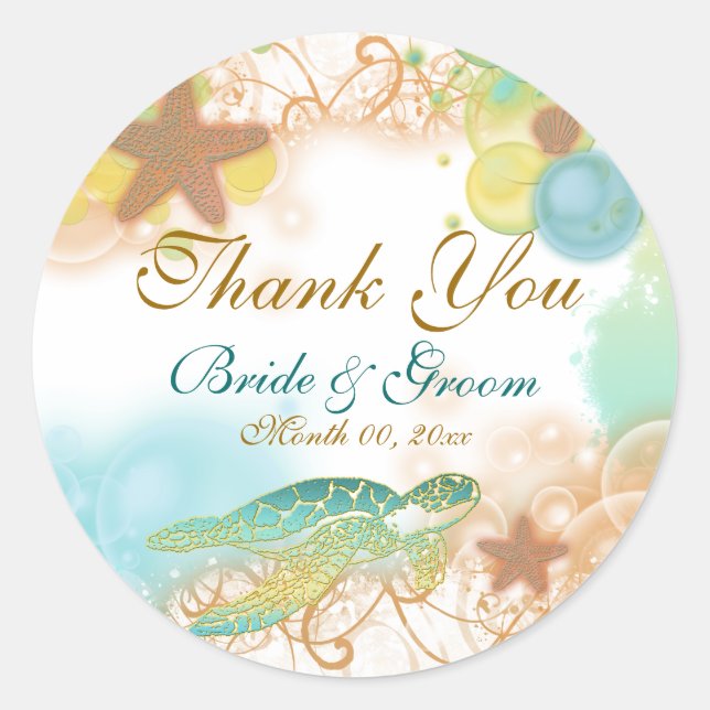 Beach theme "thank you" wedding birthday classic round sticker (Front)