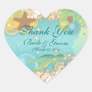 Beach theme "thank you" wedding birthday heart sticker