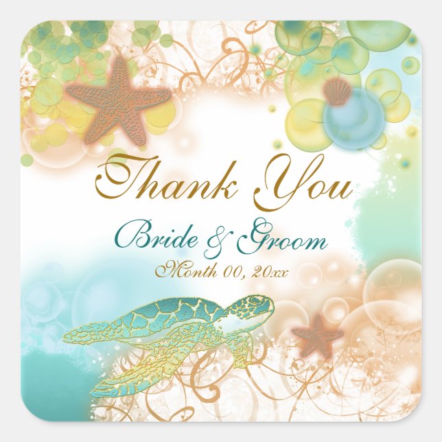 Beach theme "thank you" wedding birthday square sticker (Front)