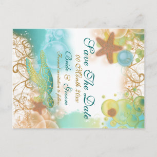 Beach theme wedding "save the date" announcement postcard