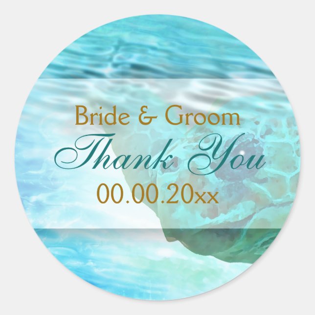 Beach theme wedding turtle "thank you" classic round sticker (Front)