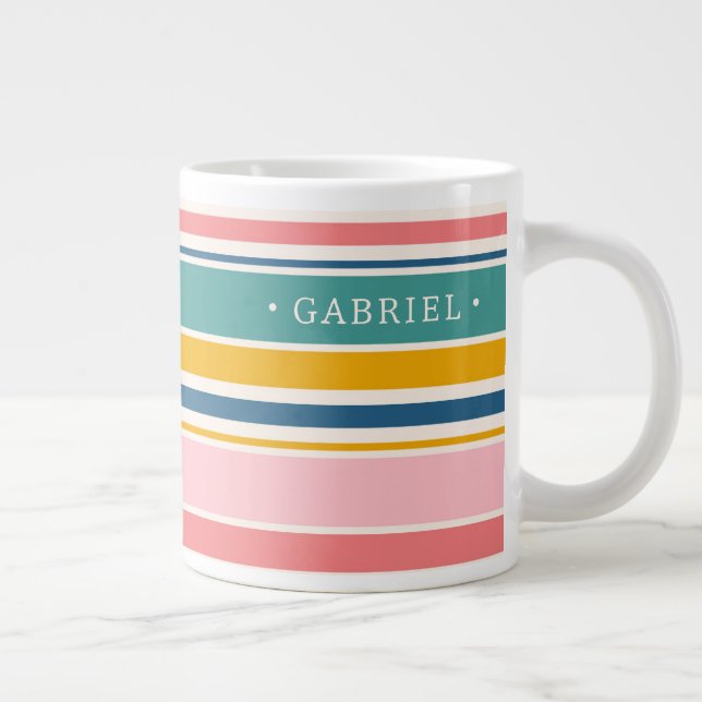 Beach Themed Colour Stripes | Add Your Name Large Coffee Mug (Right)