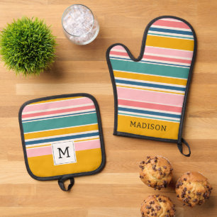 Beach Themed Colour Stripes Oven Mitt & Pot Holder Set