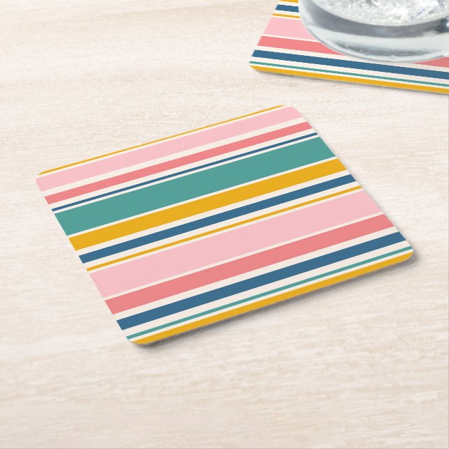 Beach Themed Colour Stripes Square Paper Coaster (Angled)