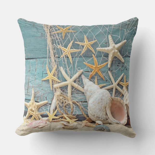 Beach Themed Conch Shell, Starfish & Fishing Net Outdoor Cushion (Front)