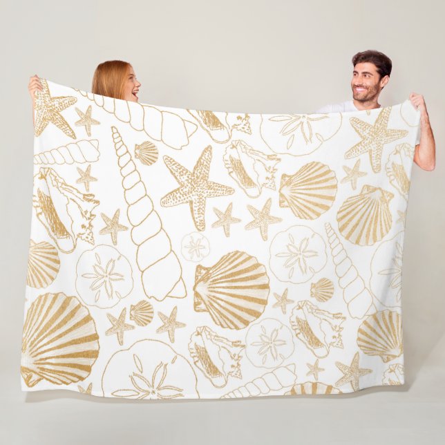Beach themed decor, gold sea shell pattern fleece blanket (In Situ)