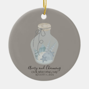 Beach Themed "Our Wedding Day" with Shells Ceramic Ornament