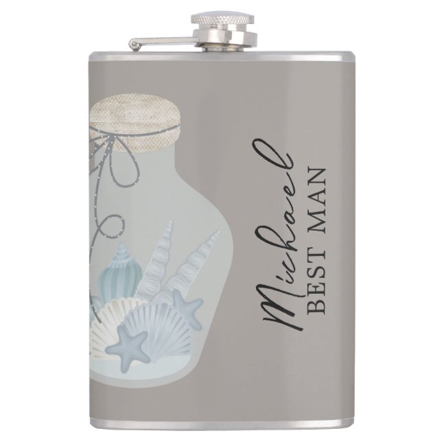 Beach Themed "Our Wedding Day" with Shells Hip Flask (Front)