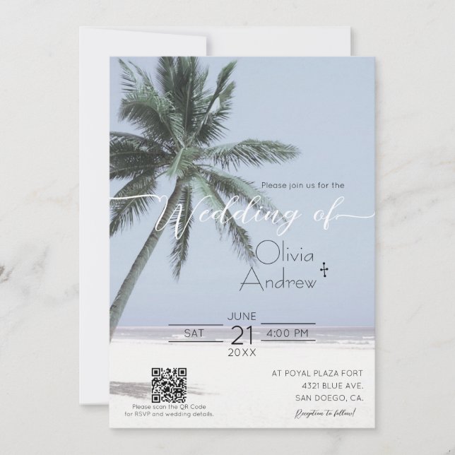 Beach Themed Palm Tree Wedding Invitation Template (Front)