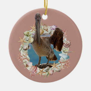Beach Themed, Pelican and Seashell Wreath Ceramic Ornament