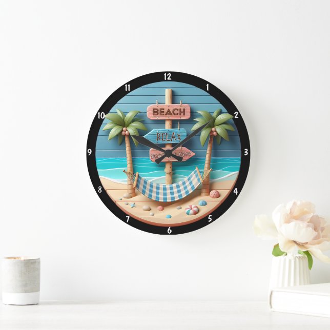 Beach-Themed Relaxing Hammock Palm Trees Large Clock (Home)
