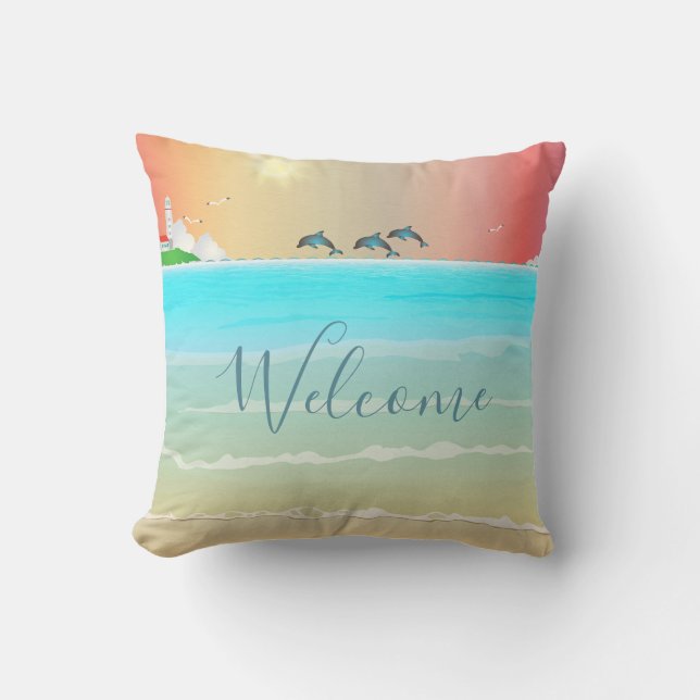 Beach Themed Throw Pillow with Dolphins (Front)
