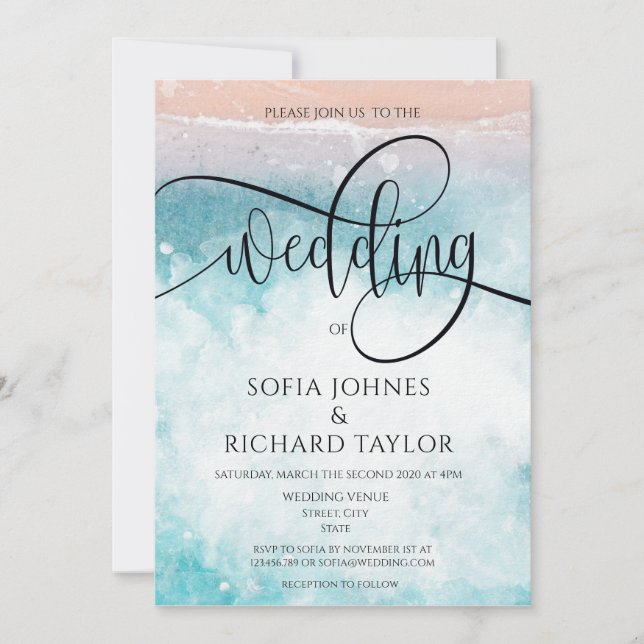 Beach Themed watercolor  Calligraphy Ocean Tropic Invitation (Front)