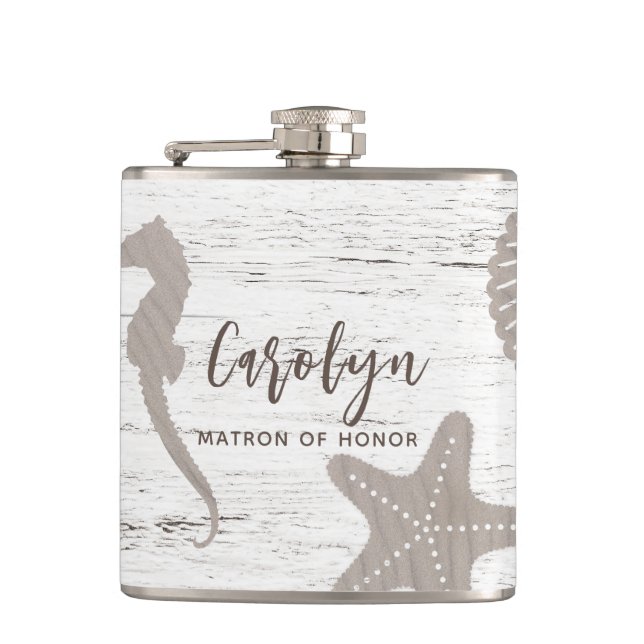 Beach Themed Wedding Wood Grain Hip Flask (Front)