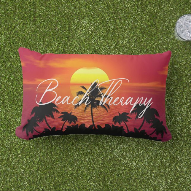 Beach Therapy sunset sand relaxation orange palm Lumbar Cushion (Grass)