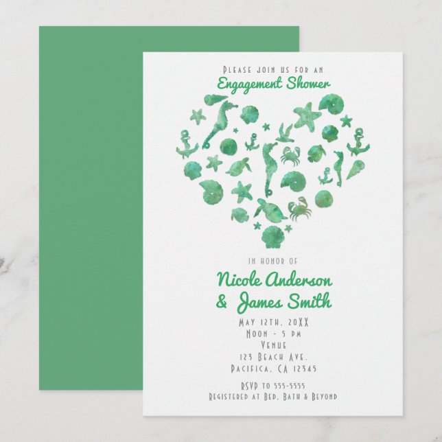 Beach Things Green Watercolor Modern Invitations (Front/Back)