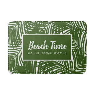 Beach Time Mod Green Palm Leaves Pattern Bath Mat