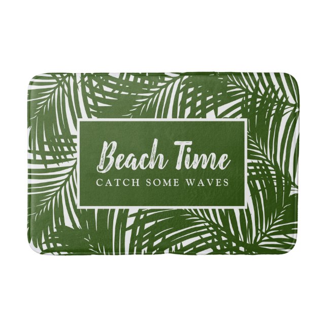 Beach Time Mod Green Palm Leaves Pattern Bath Mat (Front)