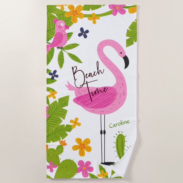 Beach Time Pink Flamingo and Parrot Beach Towel (Front)