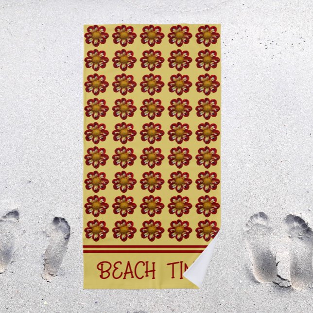 Beach Time Red Dahlia Floral Pattern on Yellow Towel (In Situ Beach)