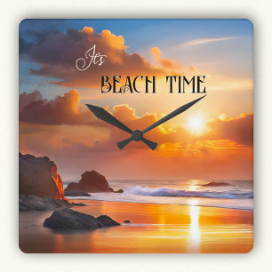 Beach Time Sunset Colourful Square Wall Clock