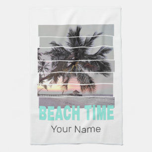 Beach Time Vintage Pier Palm Tree Sunset Souvenir Tea Towel