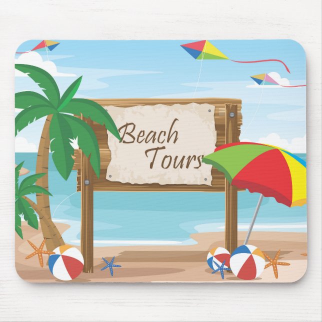 Beach Tours, Kites, Umbrellas & Palm Trees Mouse Pad (Front)