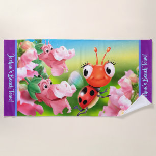 Beach towel Ladybug flower garden. Purple edge