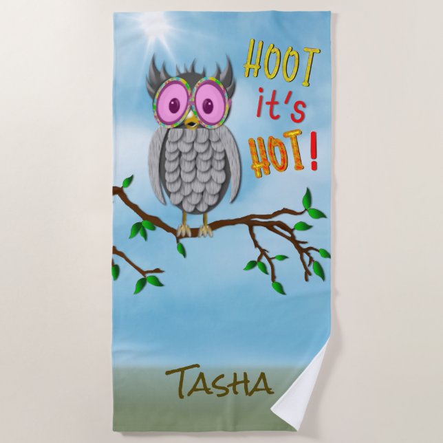 Beach Towel, Large Cute Owl, Sunglasses, HOOT Towel (Front)