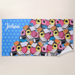 Beach towel Licorice Candy Allsorts. Blue Polka 2