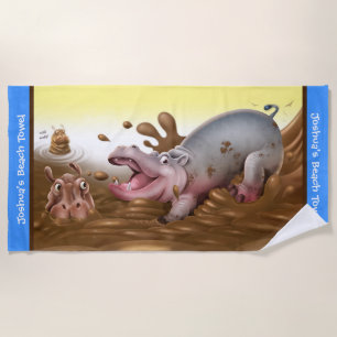 Beach towel Muddy Hippos. Blue edge