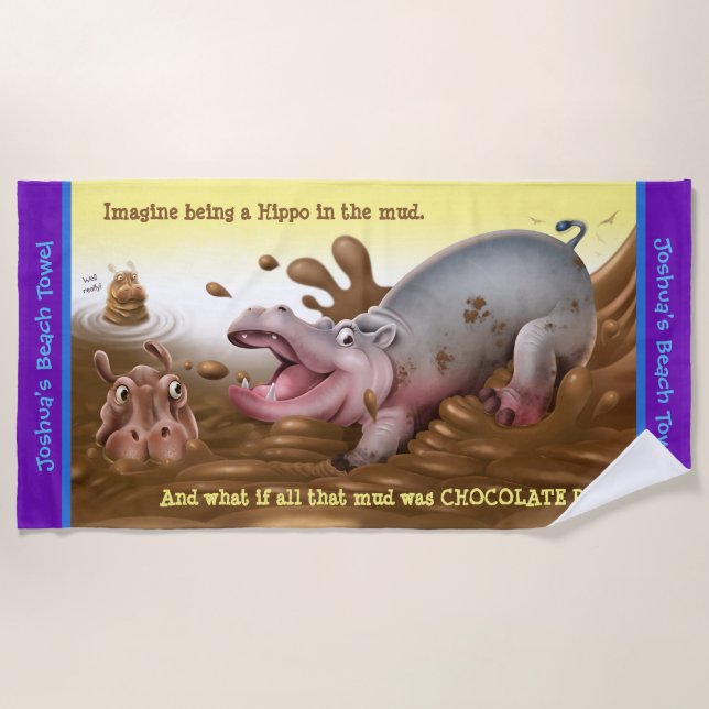 Beach towel Muddy Hippos. Purple edge (Front)