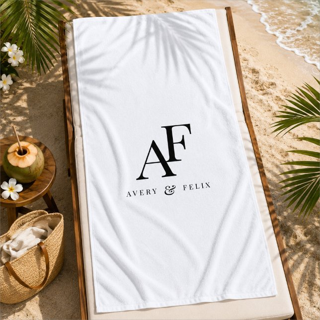 Beach Towel | Personalised Couple Monogram Wedding (Personalized couple monogram beach towel with initials and names for wedding gifting.)