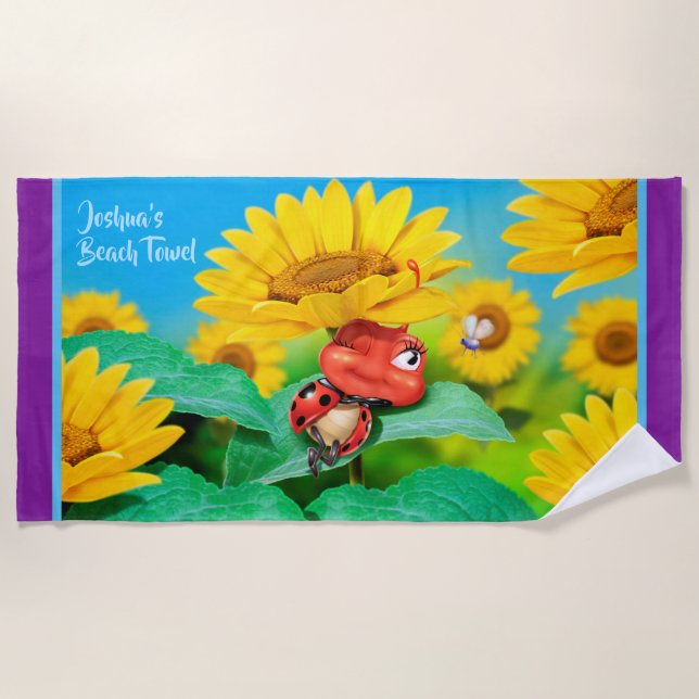 Beach towel sleepy Ladybug sunflowers. Purple edge (Front)