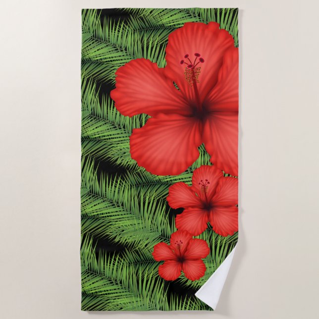 Beach Towel-Tropical Palm & Flowers Towel (Front)