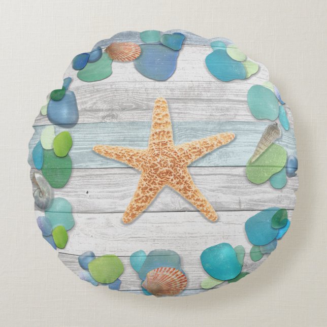 Beach Treasures Glass, Shells, Driftwood Round Cushion (Front)