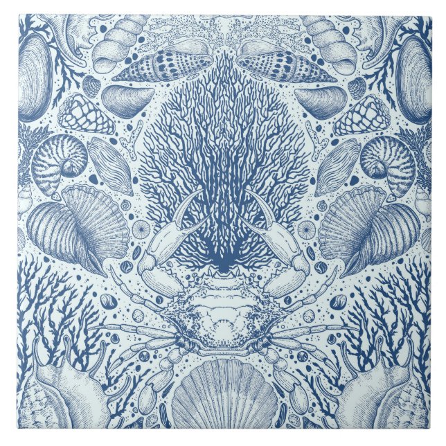 Beach treasures in blue ceramic tile (Front)