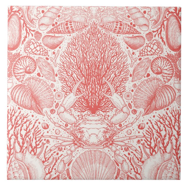 Beach treasures in coral red ceramic tile (Front)