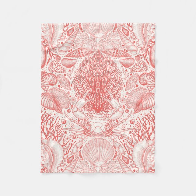 Beach treasures in coral red fleece blanket (Front)
