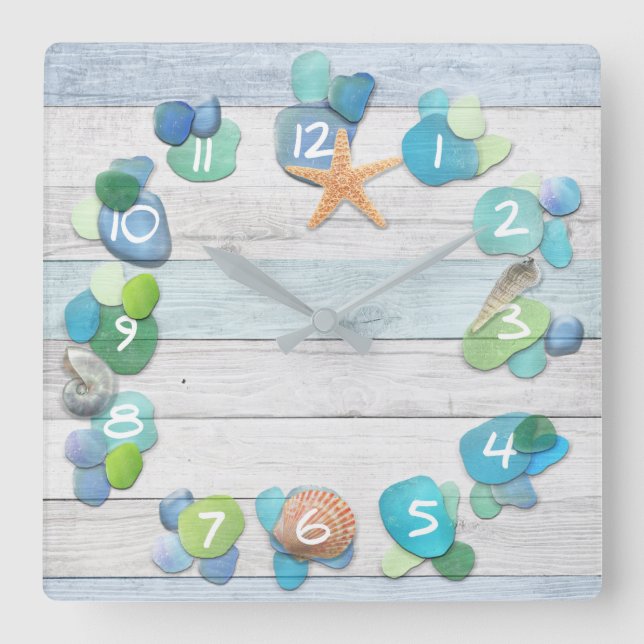 Beach Treasures Sea Glass Driftwood Shells Square Wall Clock (Front)