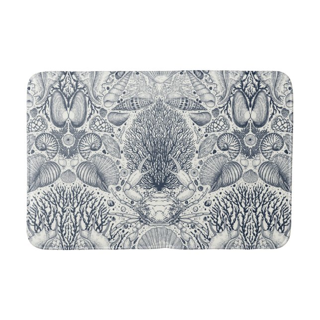 Beach treasures, seashells, crab, corals and seawe bath mat (Front)