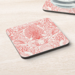 Beach treasures, seashells, crab, corals and seawe coaster