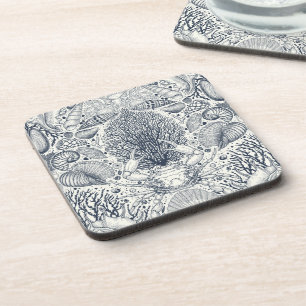 Beach treasures, seashells, crab, corals and seawe coaster