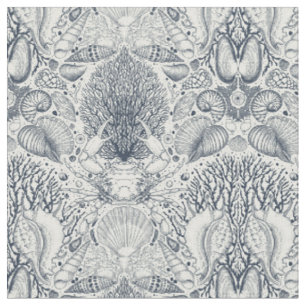 Beach treasures, seashells, crab, corals and seawe fabric