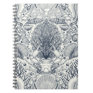 Beach treasures, seashells, crab, corals and seawe notebook