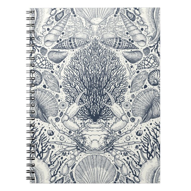 Beach treasures, seashells, crab, corals and seawe notebook (Front)